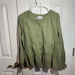 Olive Green Button Down Shirt, Tiered Calligraphie, Large